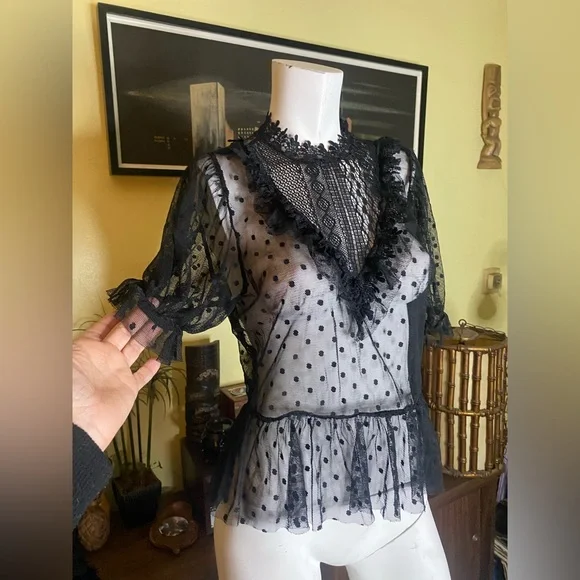 Ladies Blashe gothic lace ruffle polka dot vamp blouse Victorian sheer top - Picture 5 of 7